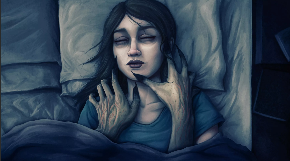 Женщина в черном во сне. Сонный паралич иллюстрации.