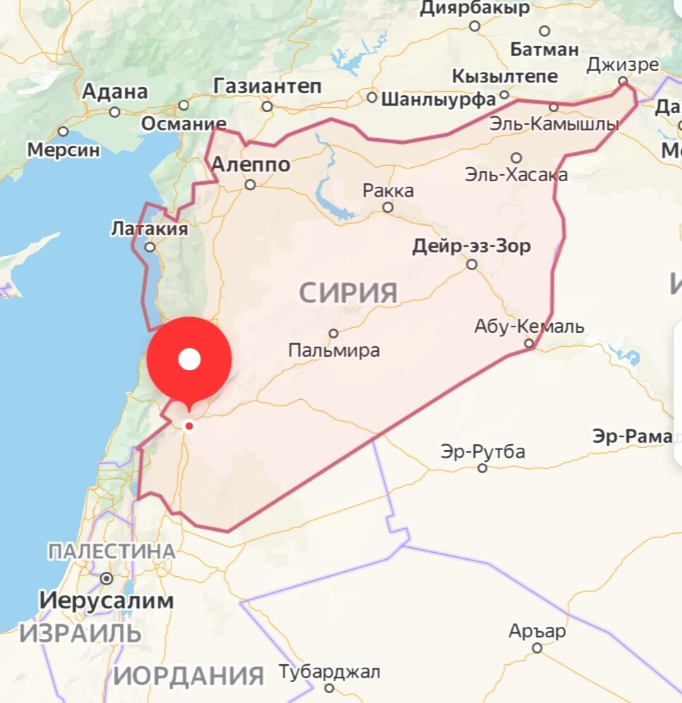 Карта Сирии. Отмеченная точка Дамаск.