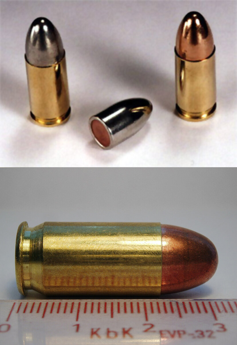 Патроны калибров 9х19Para (сверху) и .45ACP (снизу)
