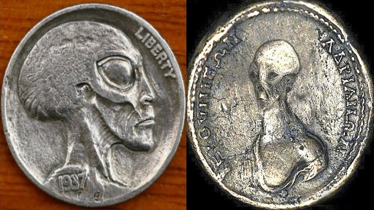 Два человека на старинной монете