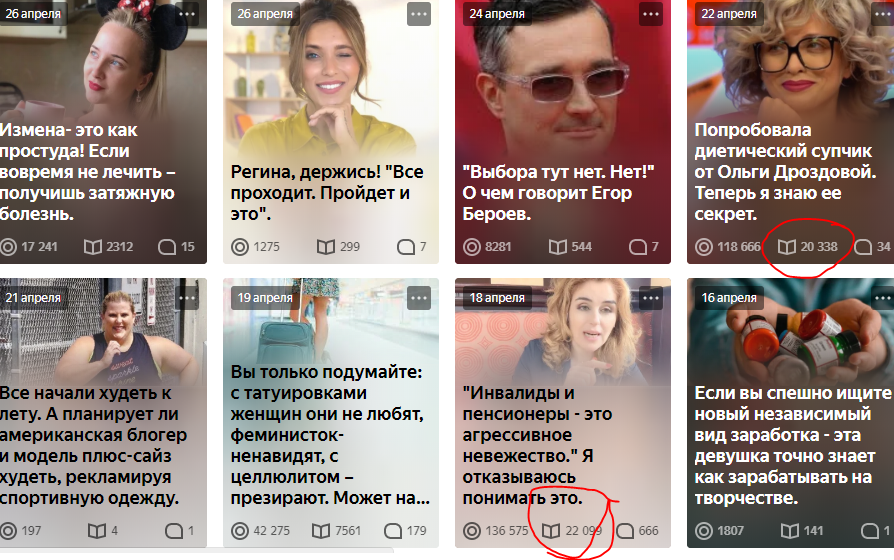скрин моих статей:  22 тыс и 20 тыс дочитываний
