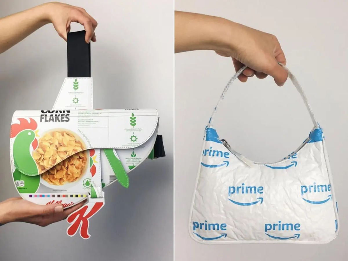 Две работы Кьяры Ривитусо и Маттео Бастиани, сделанные из коробки с кукурузными хлопьями и сумки для транспортировки Амазонки.