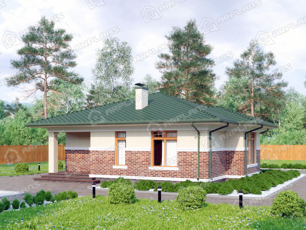 Фото 2 одноэтажного дома из газобетона с 2 спальнями и террасой.  70 кв м. Источник arplans.ru Проект К-250