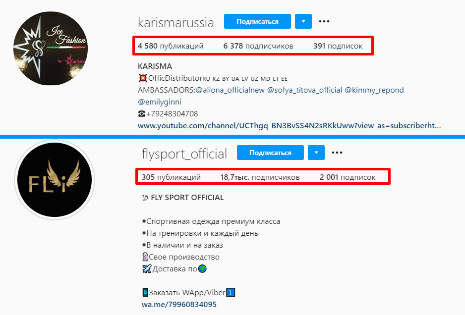 У Fly подписчиков почти в 3 раза больше, чем у Карисмы, а, судя по количеству публикаций, Karisma  ведет свой аккаунт намного дольше. Впрочем 4500+ публикаций больше говорит о том, что грамотно вести бизнес-аккаунт здесь так и не научились.