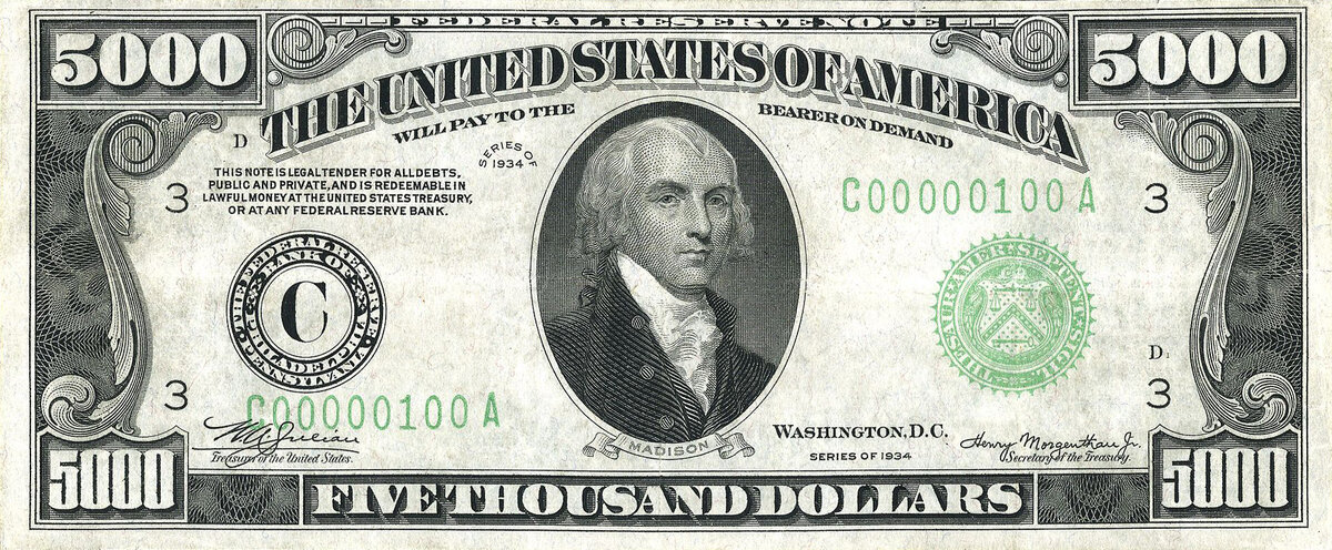 5 000 долларов 1934 года с портретом Джеймса Мэдисона 4 президента США. Источник фото: Википедия.