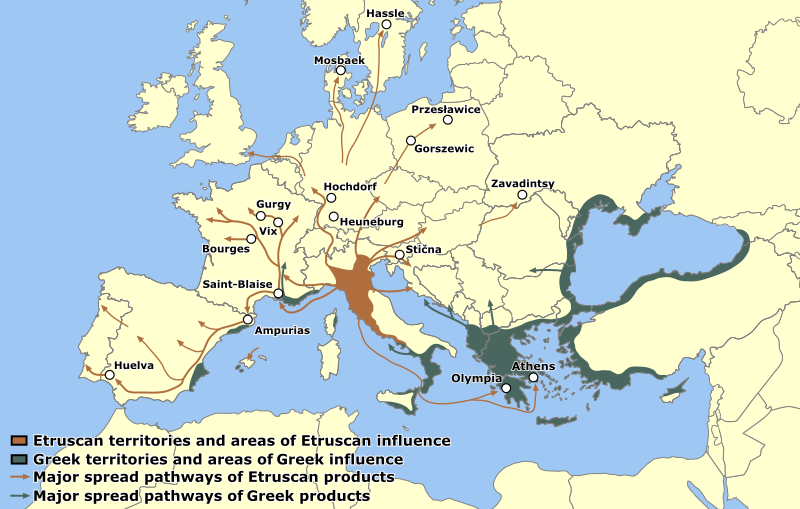 Карта, показывающая территории и культурное влияние этрусков и древних греков. 