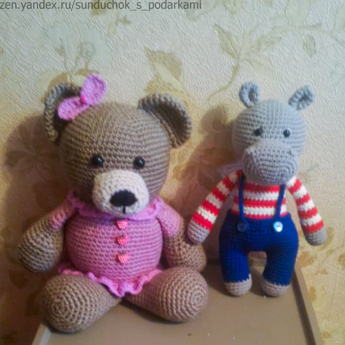 Медвежонок и бегемот из акриловой пряжи