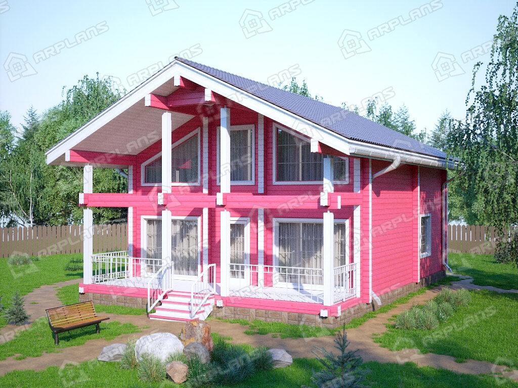 Фото 2 двухэтажного дома из бруса с мансардой, 2 спальнями, гостевой, вторым светом, вторым светом и террасой. Общая площадь до 130 кв м. Источник arplans.ru Проект ДС-010 