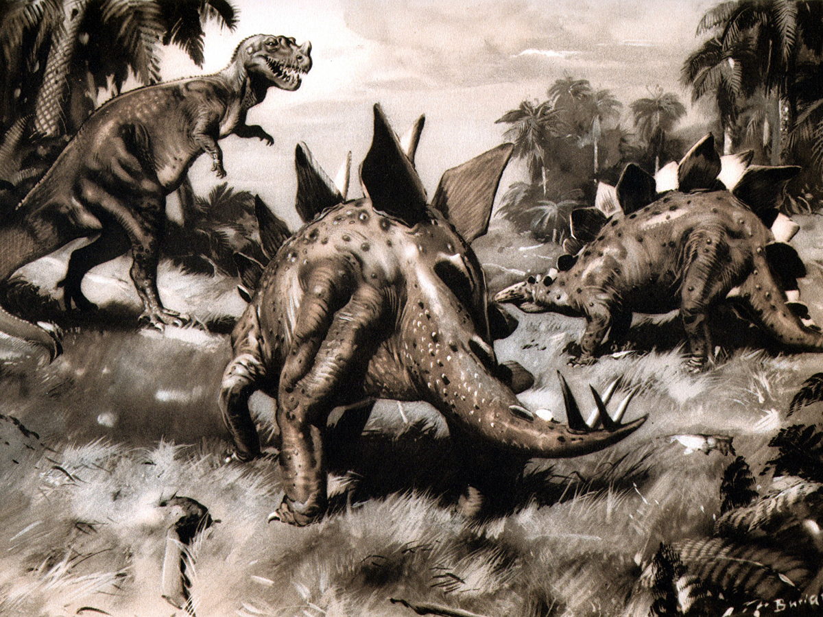 Классика палеоискусства - Цератозавр и стегозавры (Stegosaurus stenops Marsh, 1887) от Зденека Буриана