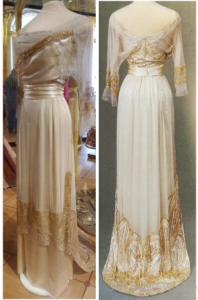 атлас, шифон, тюль, бисер, блестки с перламутровым отливом 
Модный дом «Paquin» 1910 г.