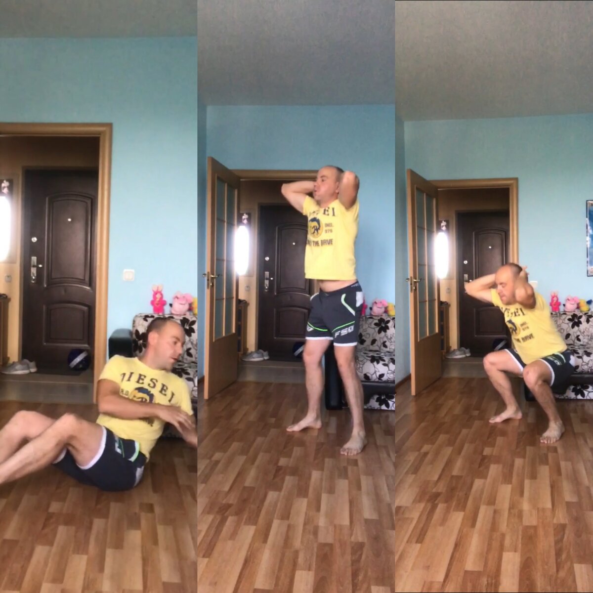 3 круга по 10-15 повторений каждого упражнения 