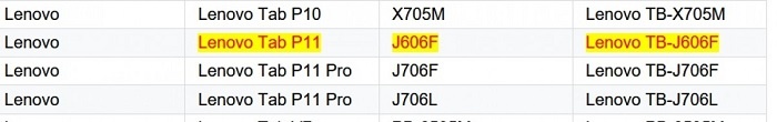 Планшет Lenovo Tab P11 имеет модельный номер Lenovo TB-J606F