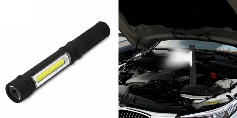 Компактный фонарик, в ручку которого встроен магнит. Вес всего 41 грамм. Поможет освободить руки во время работы. 
Цена: 115 рублей.