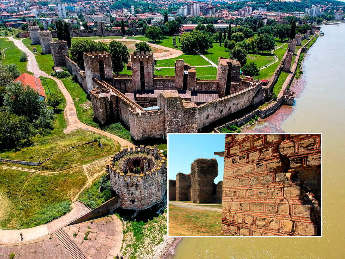 Смедеревская крепость 1430г (Сербия). Стены частично выложены из плинфы и камней.