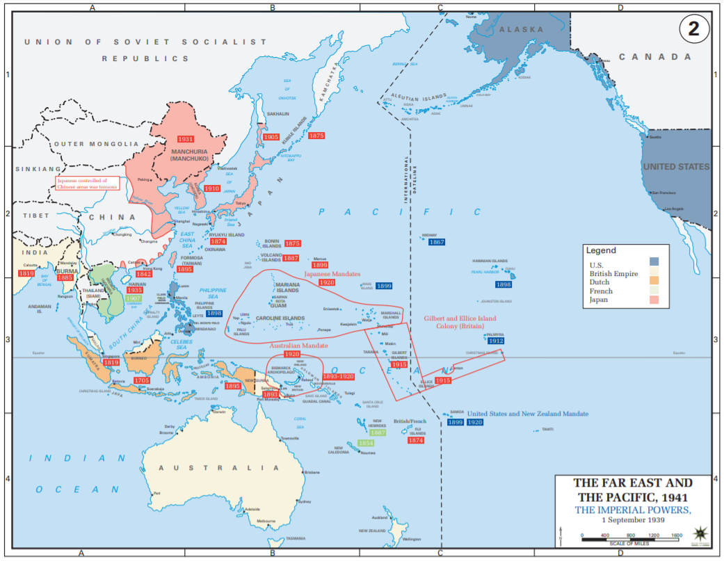 Положение на тихом океане на 1-е сентября 1939-го. Разными цветами отмечены колонии разных стран. Источник карты - Войнная академия США, https://www.westpoint.edu/sites/default/files/inline-images/academics/academic_departments/history/WWII%20Asia/WWIIAsia02.pdf