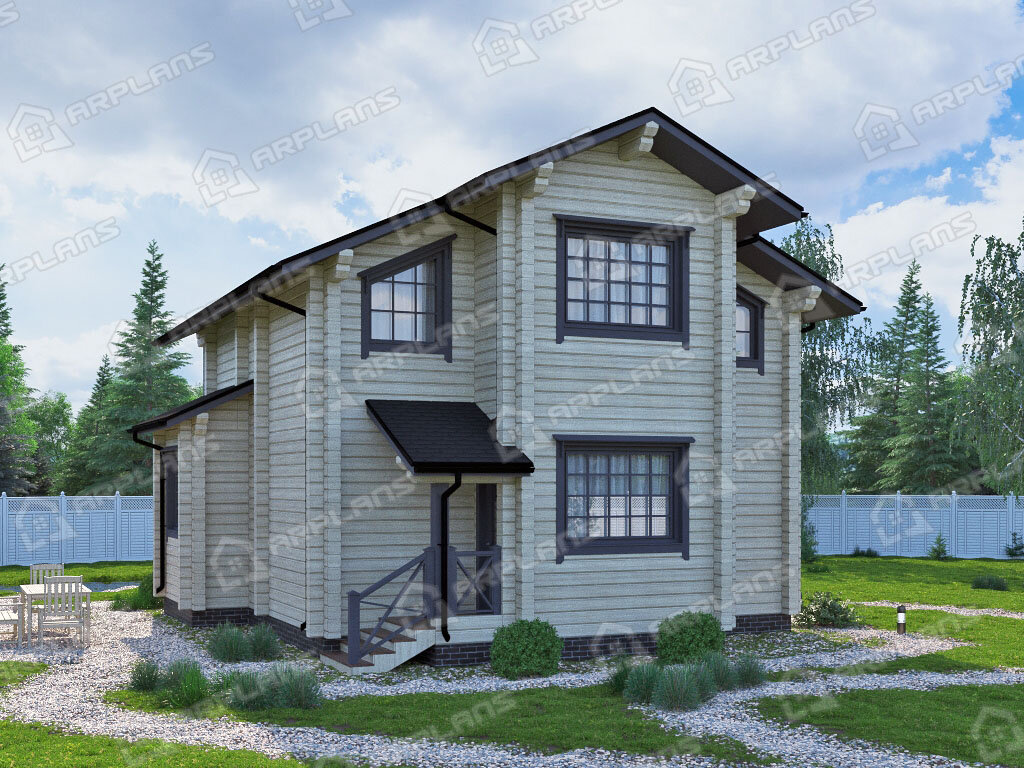 Фото 2 двухэтажного дома из бруса с мансардой, 3 спальнями, балконом, гостевой, кабинетом и террасой. Общая площадь 134 кв м. Источник arplans.ru Проект ДС-118