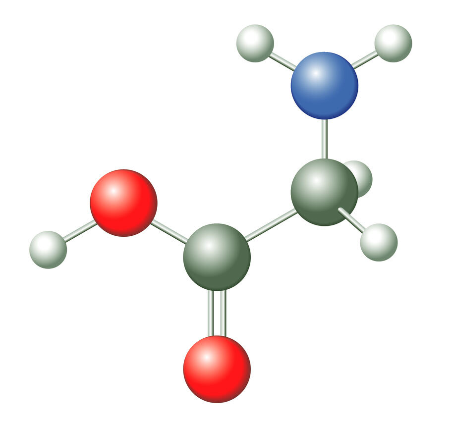 Молекула Глицина: красные атомы — кислород, серые — углерод, белые — водород, синий — азот. Иллюстрация из открытых источников