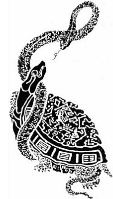 Черепаха , перевитая змеей. Рисунок VII век.