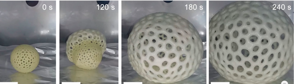 Рост сферы из нового материала в процессе нагрева чем-то похож на распускание цветка. Фото UC San Diego.