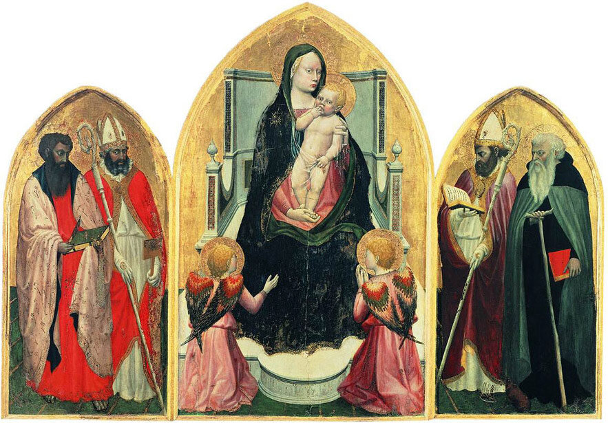  Маззачо.  Триптих "Мадонна с четырьмя святыми"  в Сан Джовенале (Триптих из ц.  Святого Ювеналия). Все современные  исследователи считают этот триптих  первым достоверным произведением  Мазаччо (его размеры: центральная  панель 108х65см, боковые 88х44см). Он  был обнаружен в 1961 году  итальянским учёным Лючано Берти в небольшой  церкви Св. Ювеналия,  расположенной недалеко от городка Сан Джованни  Вальдарно, в котором  родился Маззачо, и показан на выставке «Ancient  sacred Art» (Старинное  священное искусство). Вскоре Берти пришёл к  заключению, что это  оригинальная работа Мазаччо, поскольку изображение  персонажей триптиха  обладает сильным сходством с другими работами этого  мастера.