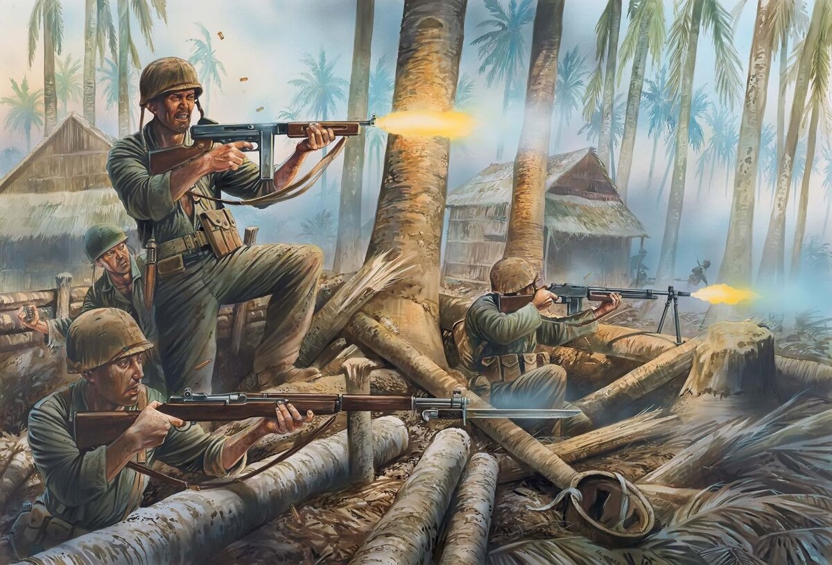 Хотя южнее американские морпехи, как правило, всё-таки воевали умело и, в итоге, побеждали. Художник: Питер Деннис.