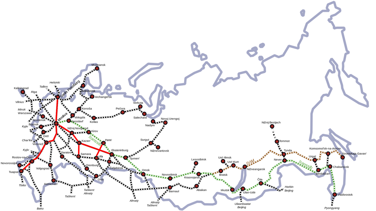 © Daemon2010 / CC BY-SA 4.0 (Красным обозначены проекты ВСМ в РФ до 2030 года, согласно планам, озвученным в мае 2013-го на совещании у президента В. Путина)