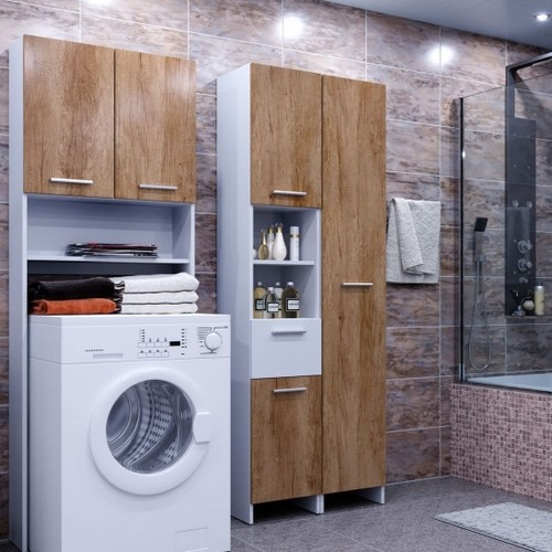 Комплектация: колонка для ванной СВ-912, пенал для ванной СВ-913, стеллаж для ванной СВ-914. Размеры (ДхВхГ): колонка для ванной СВ-912: 33x185x33 см, пенал для ванной СВ-913 - 33x185x33 см, стеллаж для ванной СВ-914 - 66x185x23 см. Цвет: корпус - белый, фасад - дуб небраска/белый. Материал: корпус - ЛДСП, фасад - ЛДСП.  Стильная и функциональная мебель для ванной Электра из ЛДСП повышенной влагоустойчивости. Все элементы системы разработаны дизайнерами профессионалами из Германии. Универсальный стеллаж-надстройка может размещаться как над унитазом, так и над стиральной машиной. Стеллаж крепится к стене для большей устойчивости, вся крепежная фурнитура идет в комплекте.