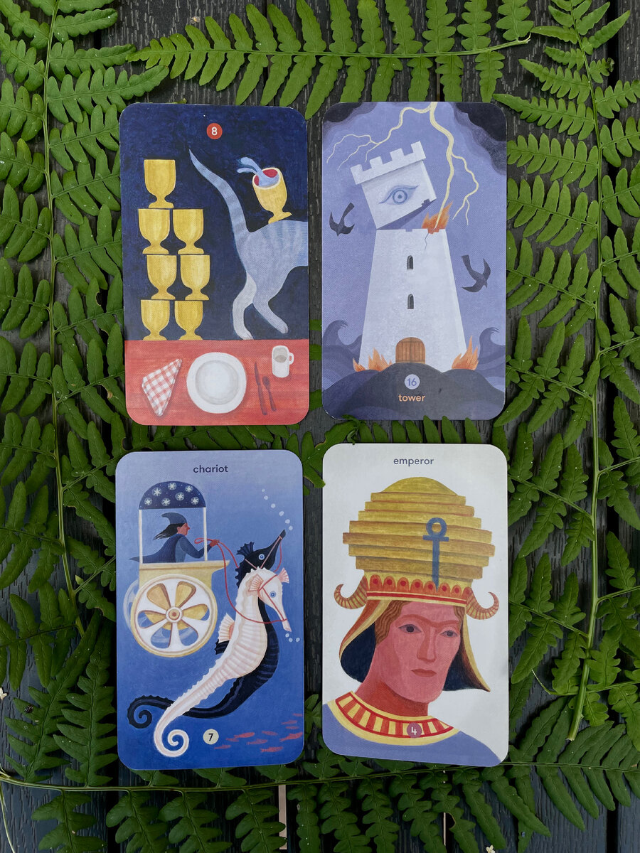 8 кубков (вариант 1), Башня (вариант 2), Колесница (вариант 3) и Император (вариант 4)