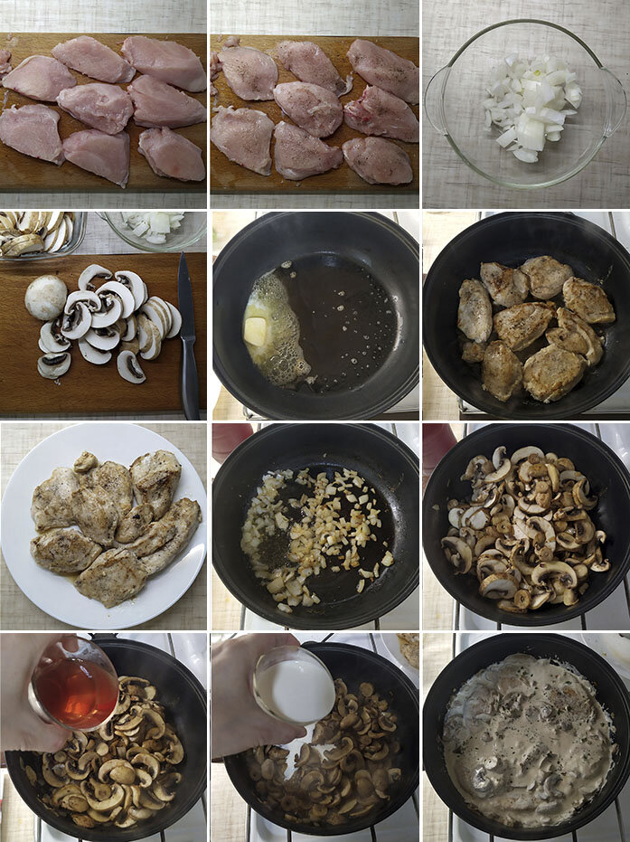  Процесс приготовления куриного филе под сливочно-грибном соусом