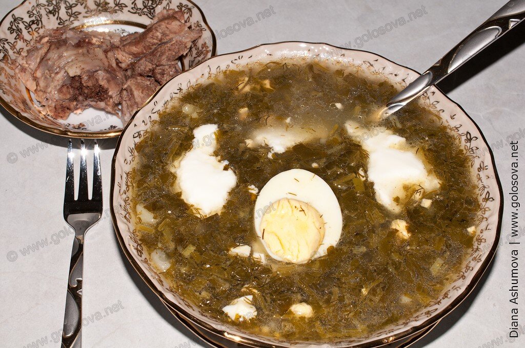 зеленый борщ с щавелем и говядиной