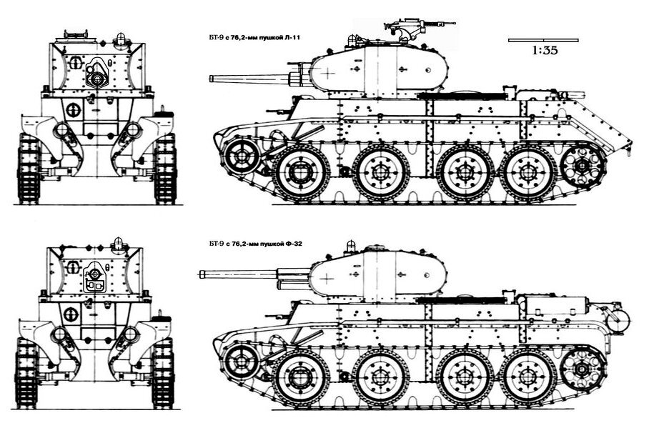 Приблизительный чертеж БТ-9, но у БТ-9 было 5 опорных катков