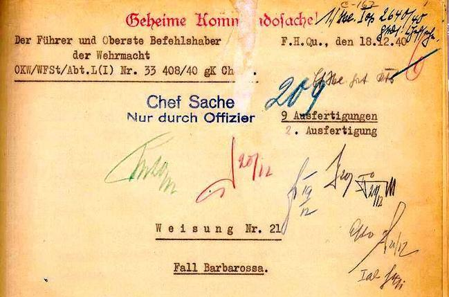 18 декабря 1940 года гитлер подписал директиву 21 о нападении на ссср известную как план