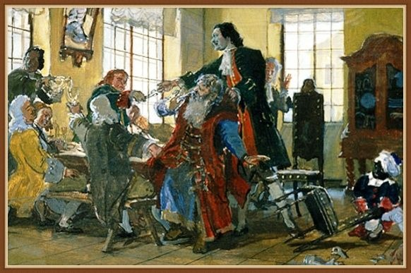 «Петр I стрижет бороды боярам». Картина Дмитрия Белюкина, 1985 год. https://istoriyamira.ru/ 