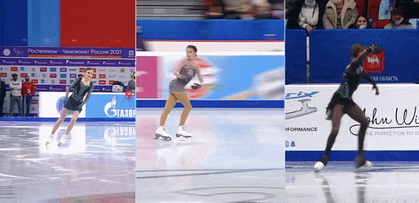 Разминка сильнейшей группы фигуристок на Чемпионате России 2020/21 в Челябинске (источник - youtu.be/0_KhxKAhRQE)