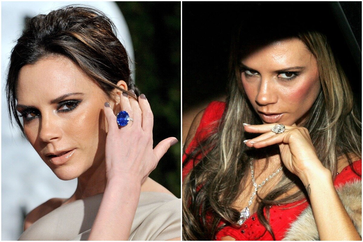 Виктория Бекхэм; кольца: с сапфиром овальной огранки, с бриллиантом огранки «груша», с изумрудом огранки «кушон», с белым бриллиантом огранки «маркиз»