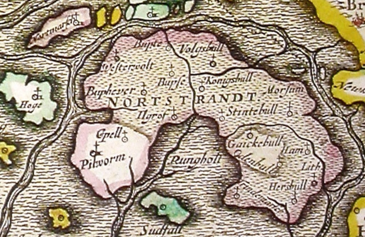 Район острова Альт-Нордстранд на карте Йоханнеса Блау, 1662 год. Рунгхольт нарисован в воде к югу от острова. 
