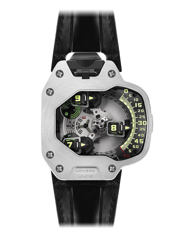 Часы Urwerk UR-110 в корпусе из титана и платины. Индикация времени на трёх вращающихся блоках, находящихся на концах карусели. Блок с текущим часом указывает на минуты