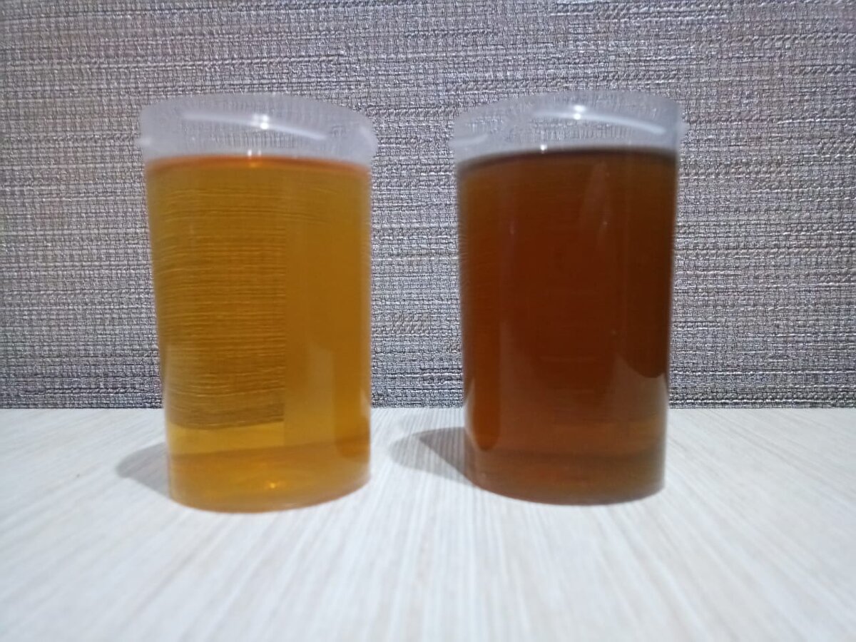 Слева 5w-30, справа - 5w-40. Видно, что по цвету они разные (ЛИСТАЙТЕ) (фото автора)