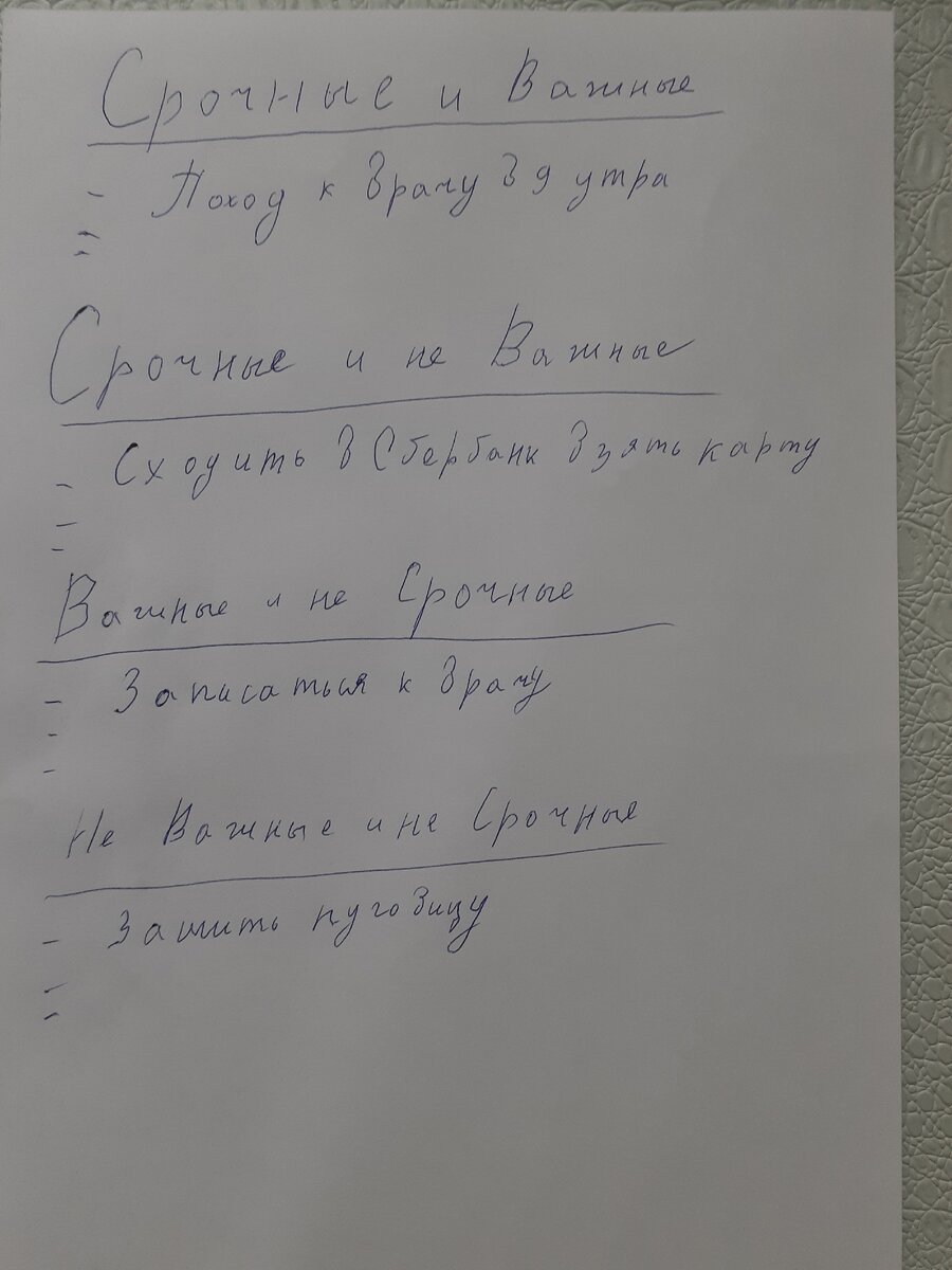 Примерный план заполнения ежедневника