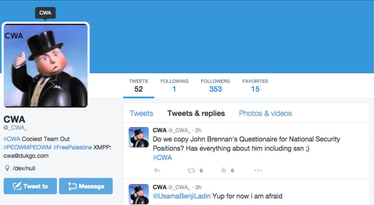 Один из оригинальных аккаунтов Crackas With Attitude в Twitter. (Изображение: Motherboard)