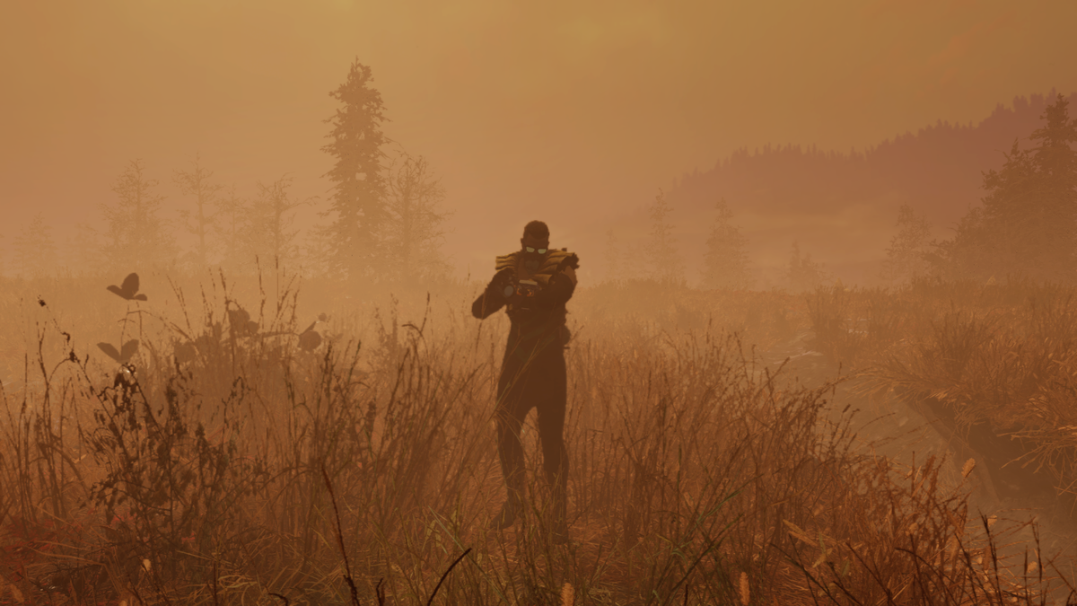 Скриншот из игры Fallout 76 - игрок в одеянии тайны в зоне ядерного удара