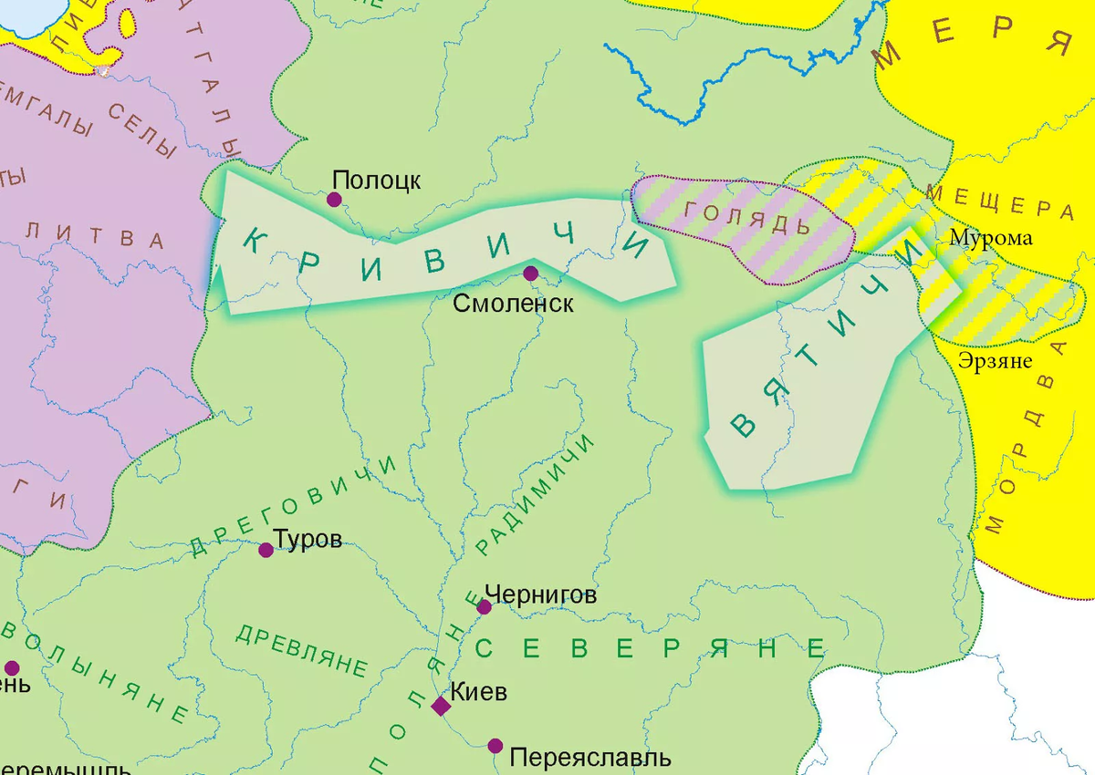 Какие племена жили на территории парка митино. Славяне Вятичи Кривичи. Племя вятичей на карте древней Руси. Голядь на карте древней Руси. Вятичи племя славян карта.