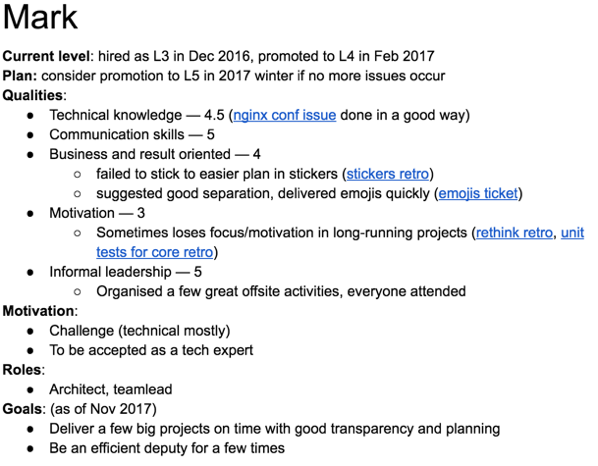

Это сокращённая версия карточки, многое пришлось опустить, но, думаю, структура понятна: качества с оценками, мотивация, роли, цели.

Кратко опишу структуру карточки: