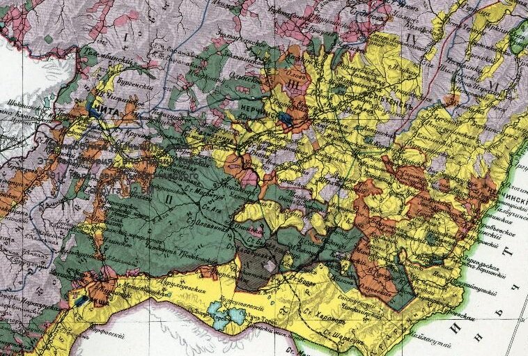 Карта земель Нерчинского округа Кабинета Его Величества.Атлас Азиатской России. Издано под руководством Г.В. Глинки. 1914 г.