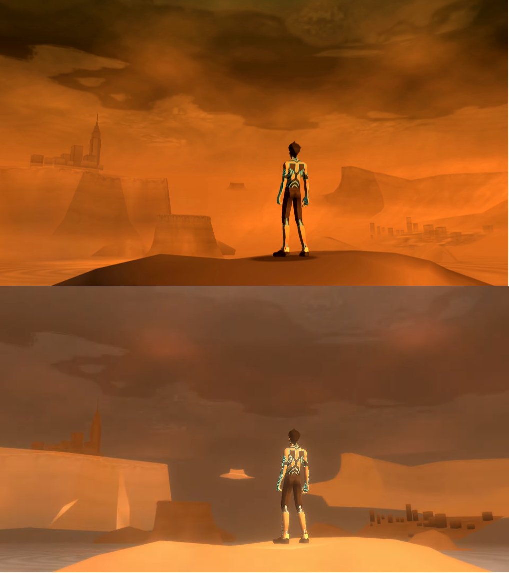 Если бы не освещение - было бы неясно, какая версия где. PS2 - верхняя. Напоминает момент, когда из Persona 4 Golden пропал нормальный туман из ванилльной версии игры. Здесь это ещё критичней.