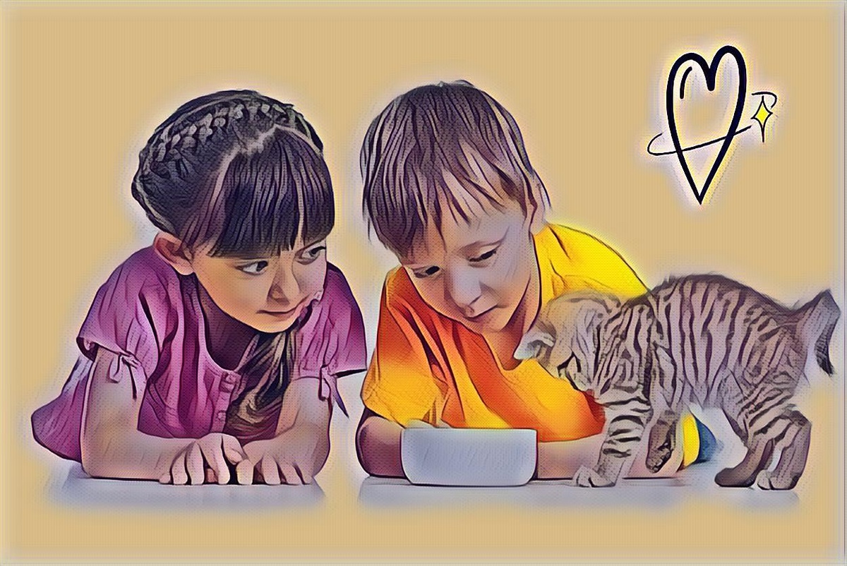 Дети и котенок. Картинка скачана с ЯК