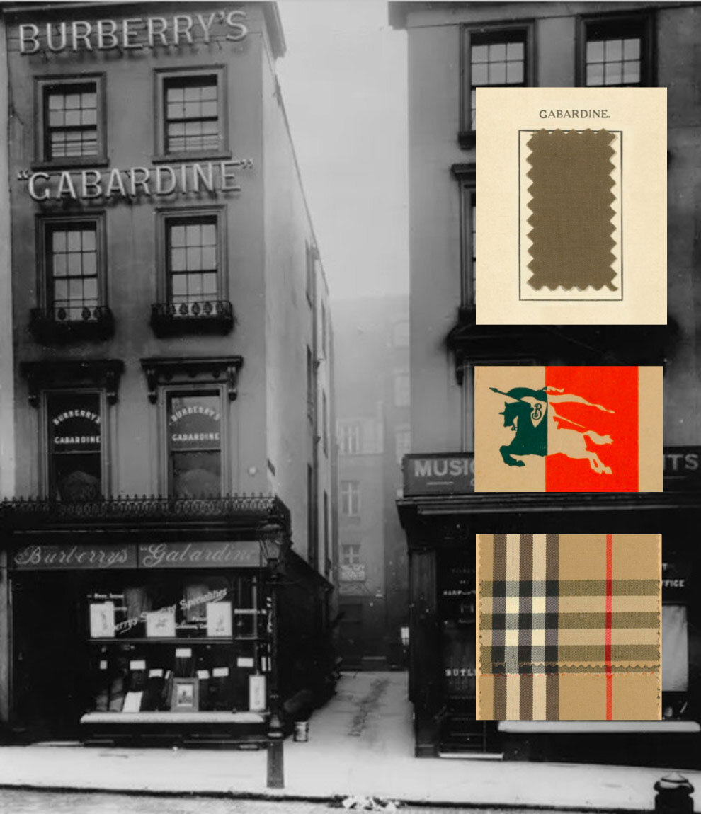 На фото первый магазин Burberry в Лондоне. На коллаже сверху вниз: ткань габардин, изобретенная Томасом Бёрберри в 1879 году; логотип Burberry, придуманный в 1901 году; клетчатый подклад, который начали использовать на всех тренчах с 1924 года