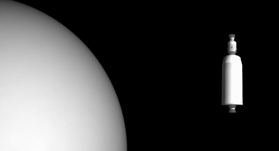 Кому как не Аполлону, лететь в Венере? Корабль Apollo-Venus во время сближения с планетой. Иллюстрация из Википедии. 