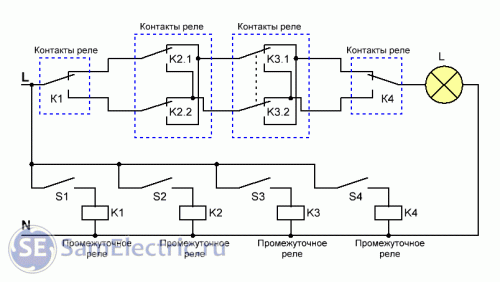 Схема на 4 реле для имитации схемы на 2 проходных и 2 перекрестных переключателя 