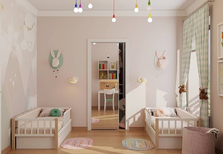 Детская для двух девочек с обоями Alltowall с луной и звездами